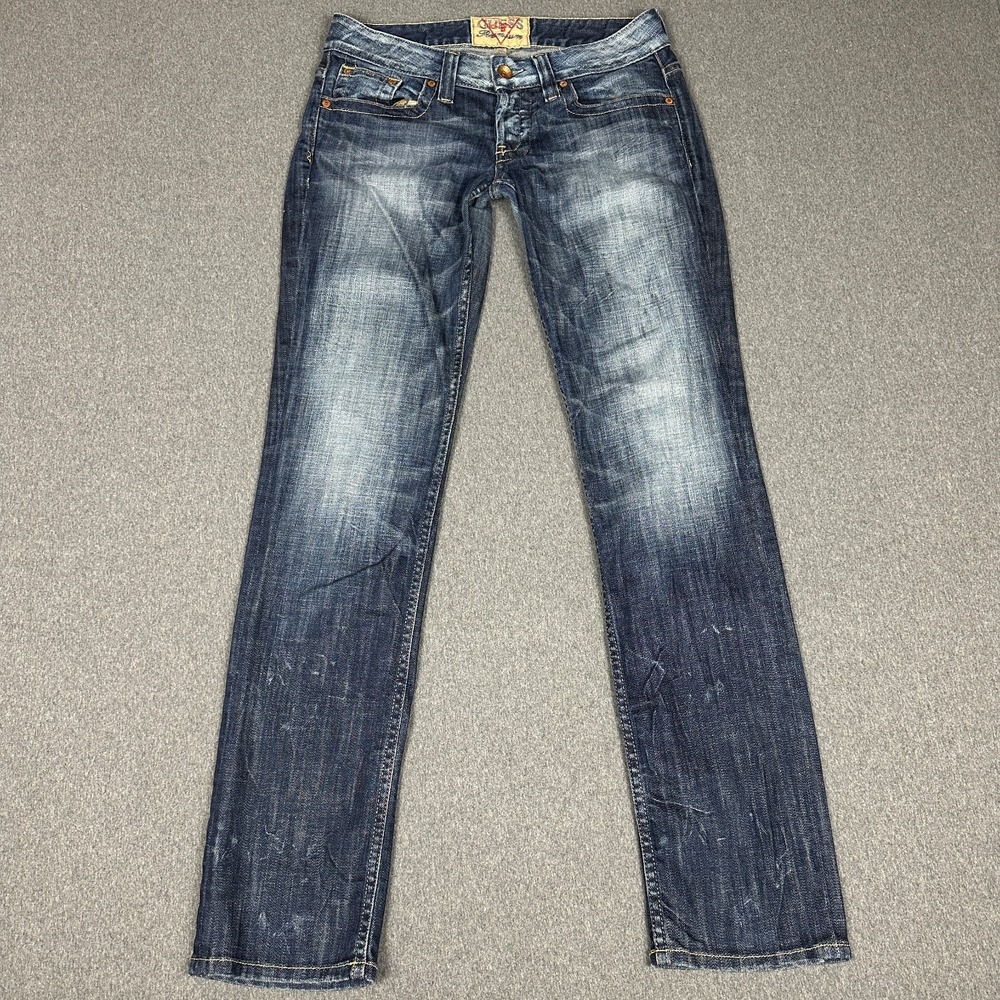 Guess Premium Jeans Womens 29 Low Rise Straight Leg Dark Wash Distressed Denim
